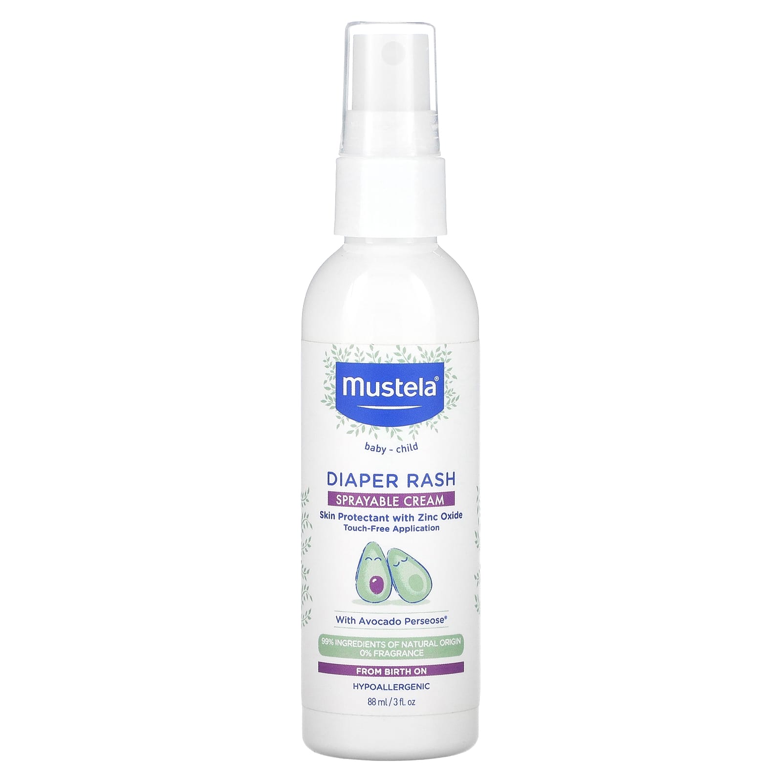 Mustela, Diaper Rash, Sprayable Cream, Fragrance Free, 3 fl oz (88 ml) - Image 1