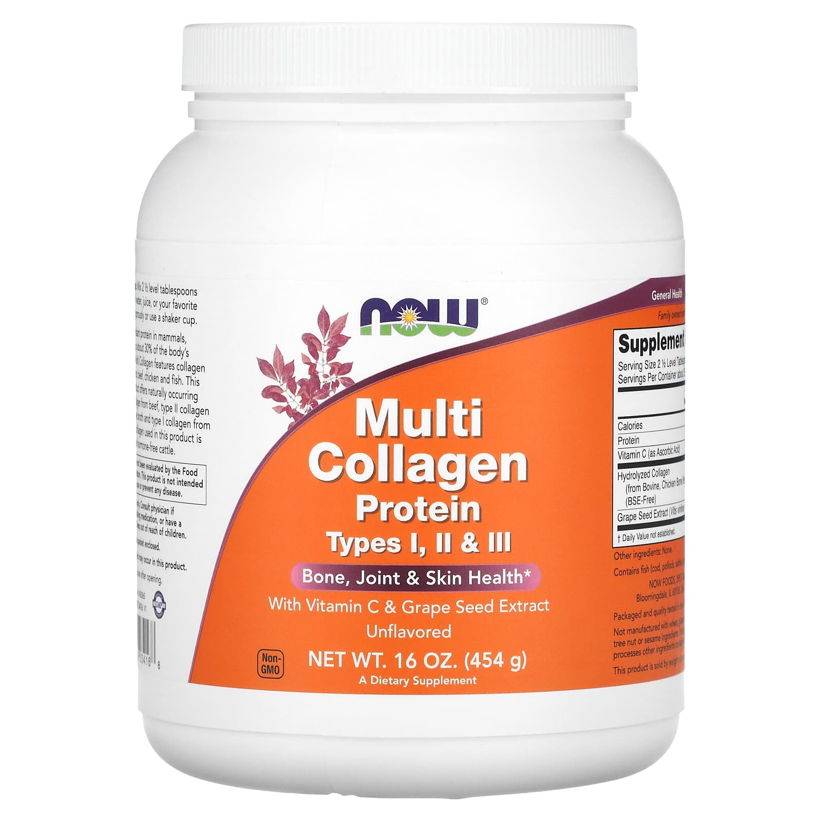 NOW Foods, Multi Collagen Protein, Type I, II & III, Unflavored, 16 oz (454 g) - Image 1