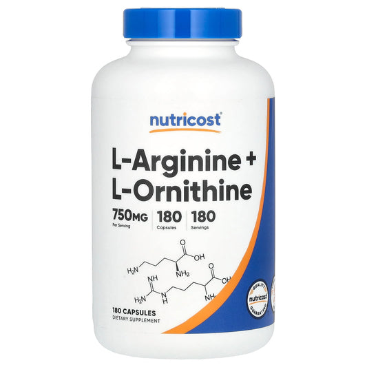 Nutricost, L-Arginine + L-Ornithine, 750 mg, 180 Capsules - Image 1