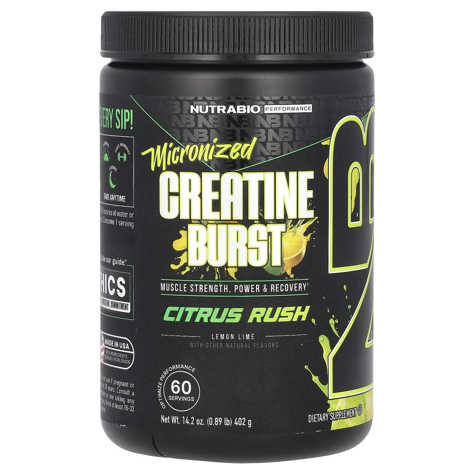 NutraBio, Micronized Creatine Burst, Citrus Rush Lemon Lime, 0.89 lb (402 g) - Image 1