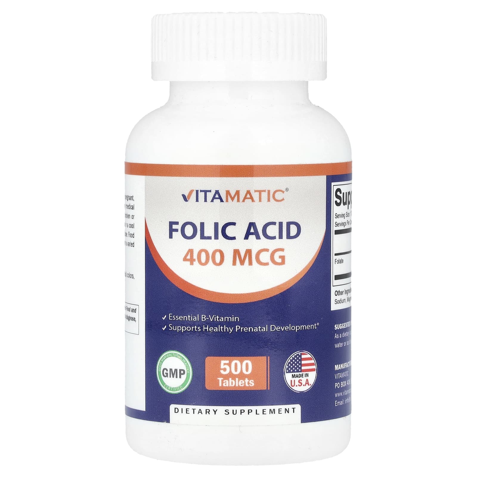 Vitamatic, Folic Acid, 400 mcg, 500 Tablets - Image 1