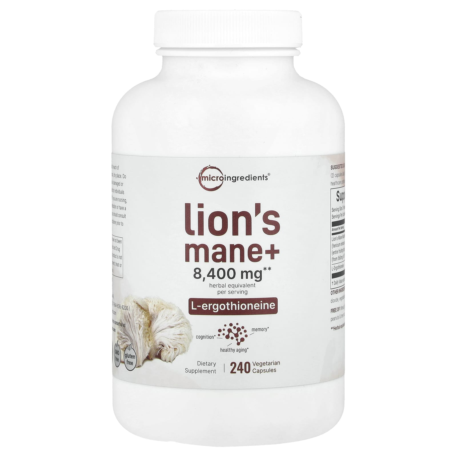 Micro Ingredients, Lion's Mane + L-Ergothioneine, 240 Vegetarian Capsules - Image 1