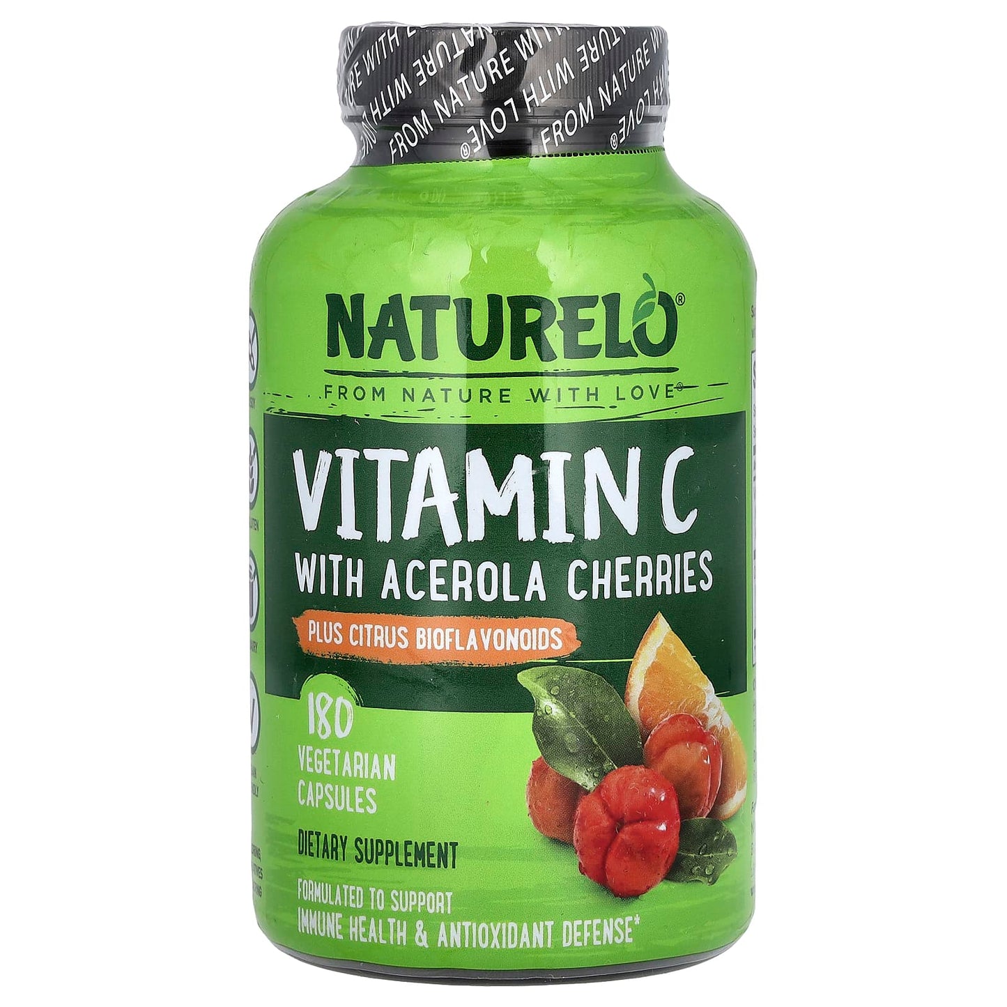 NATURELO, Vitamin C With Acerola Cherries Plus Citrus Bioflavonoids, 180 Vegetarian Capsules - Image 1