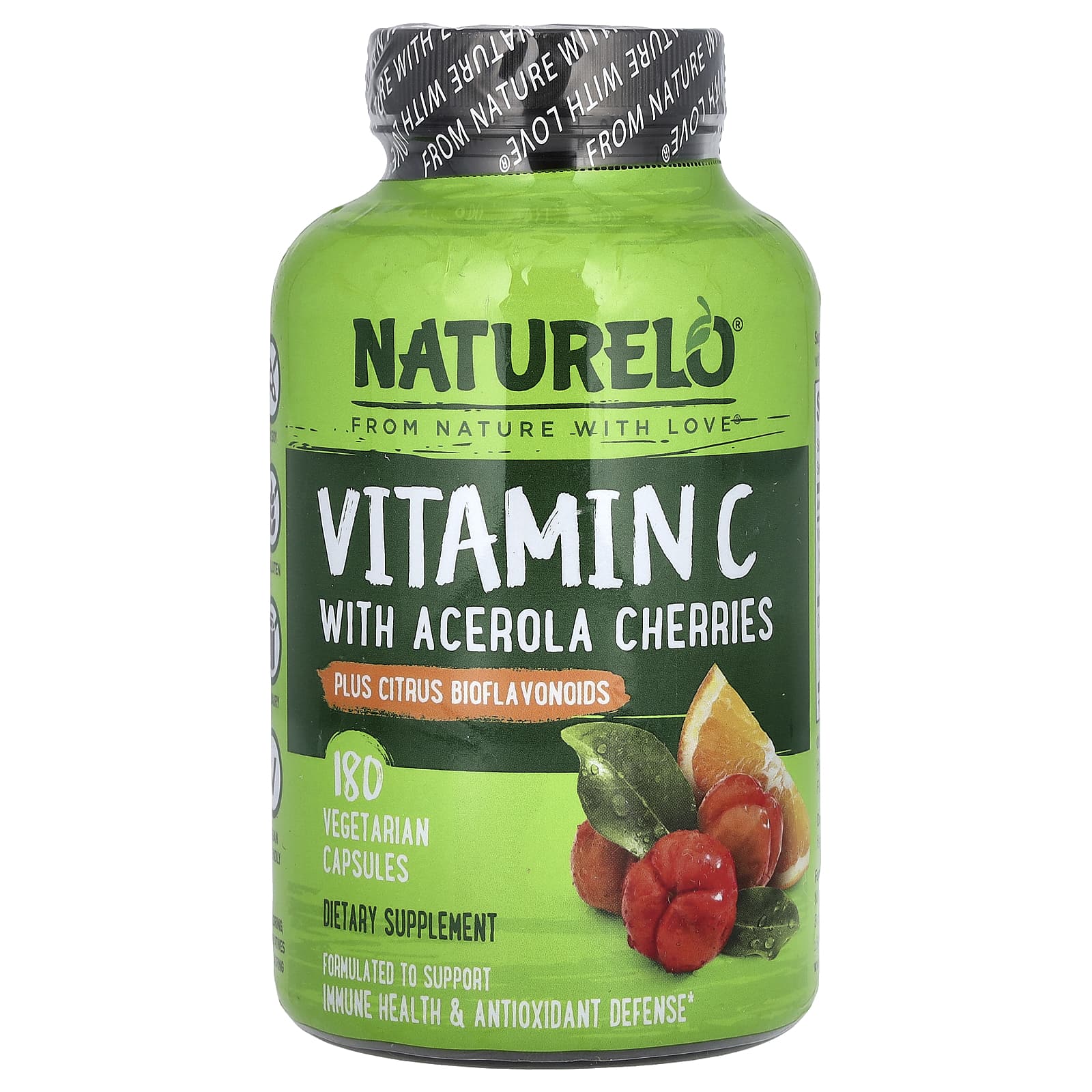 NATURELO, Vitamin C With Acerola Cherries Plus Citrus Bioflavonoids, 180 Vegetarian Capsules - Image 1