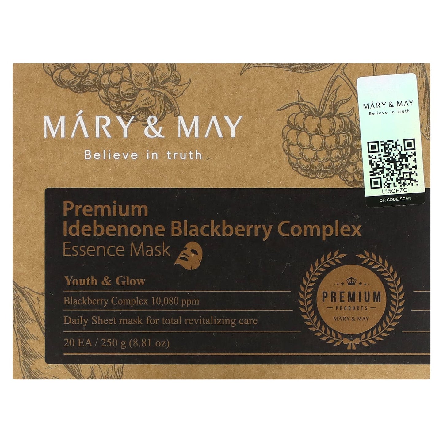 Mary & May, Premium Idebenone Blackberry Complex, Essence Beauty Mask, 20 Sheets, 0.44 oz (12.5 g) - Image 1