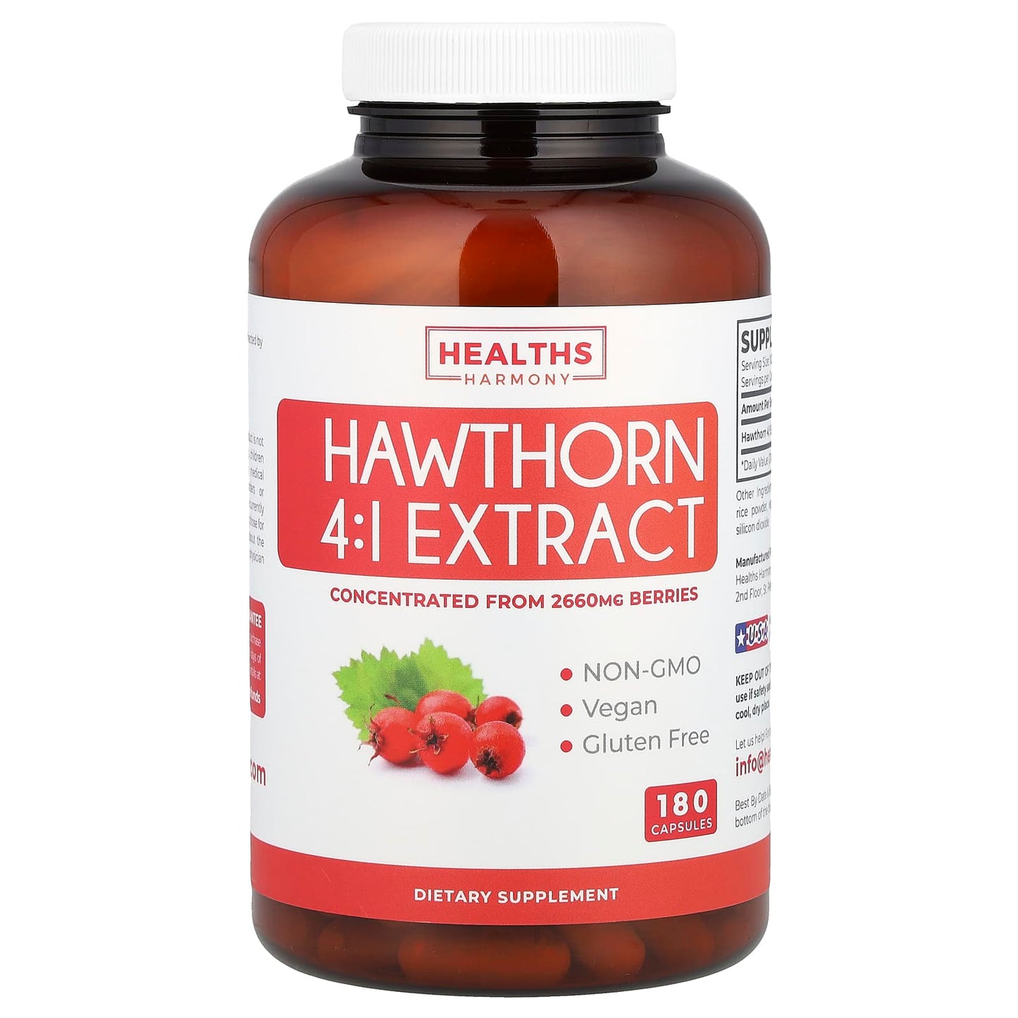 Hawthorn Berry Extract 4:1, 2,660 mg, 180 Capsules - Vegan, Gluten Free - Image 1