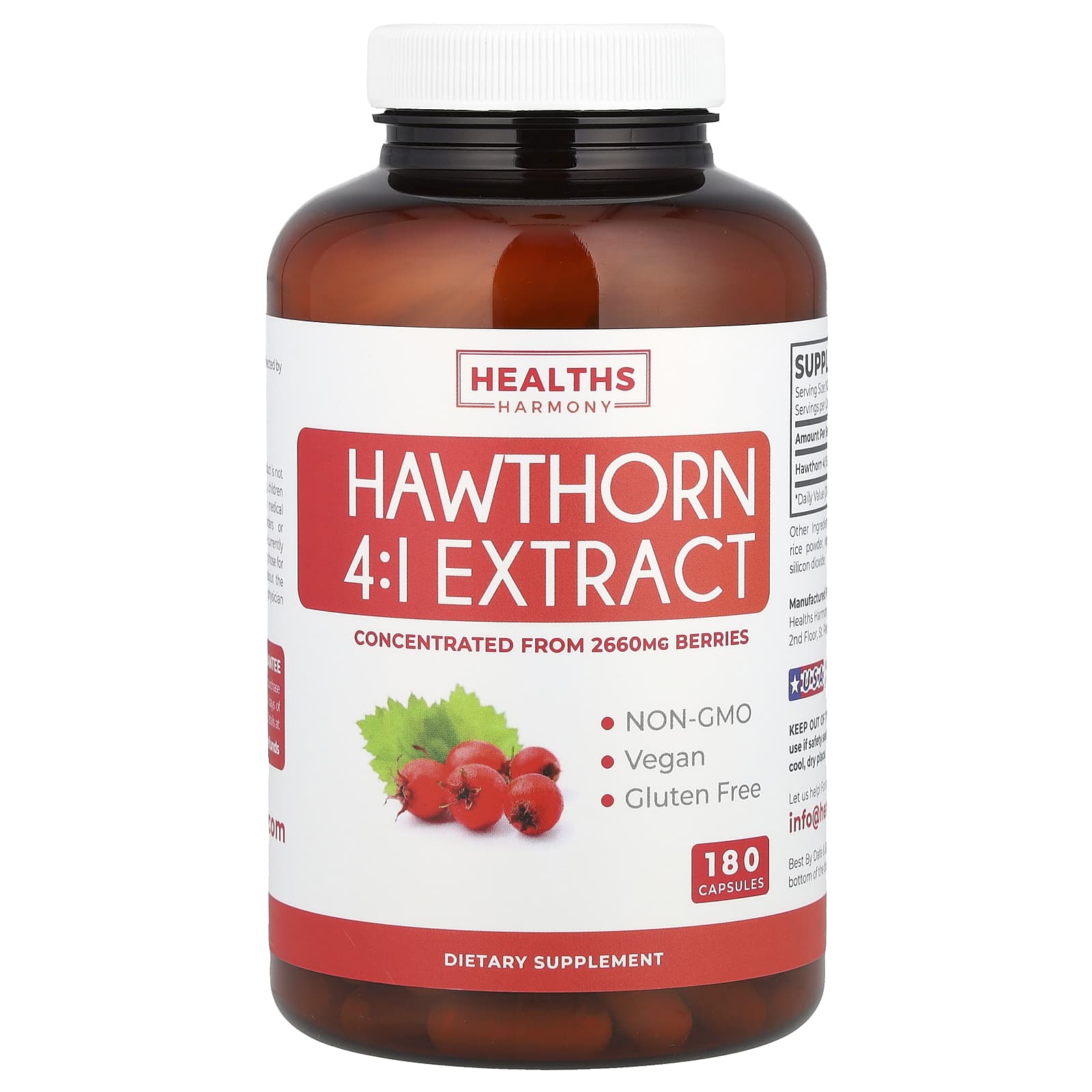 Hawthorn Berry Extract 4:1, 2,660 mg, 180 Capsules - Vegan, Gluten Free - Image 1
