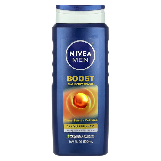 Nivea, Men, Boost 3-In-1 Body Wash, Citrus Scent + Caffeine, 16.9 fl oz (500 ml) - Image 1