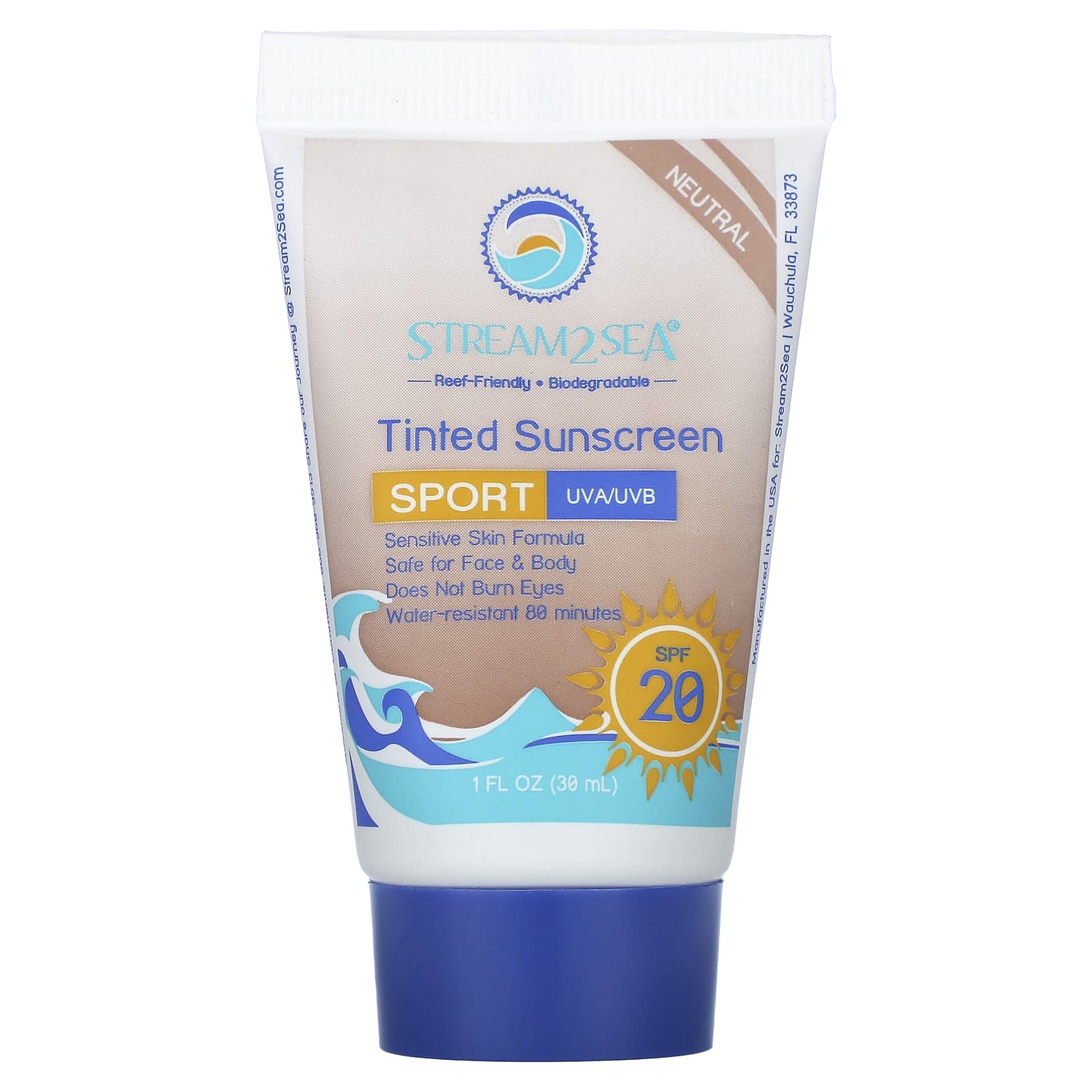 Stream2Sea, Tinted Sunscreen, Sport, SPF 20, Neutral, 1 fl oz (30 ml) - Image 1