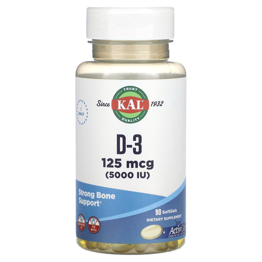 KAL, D-3, 125 mcg (5,000 IU), 90 Softgels - Image 1