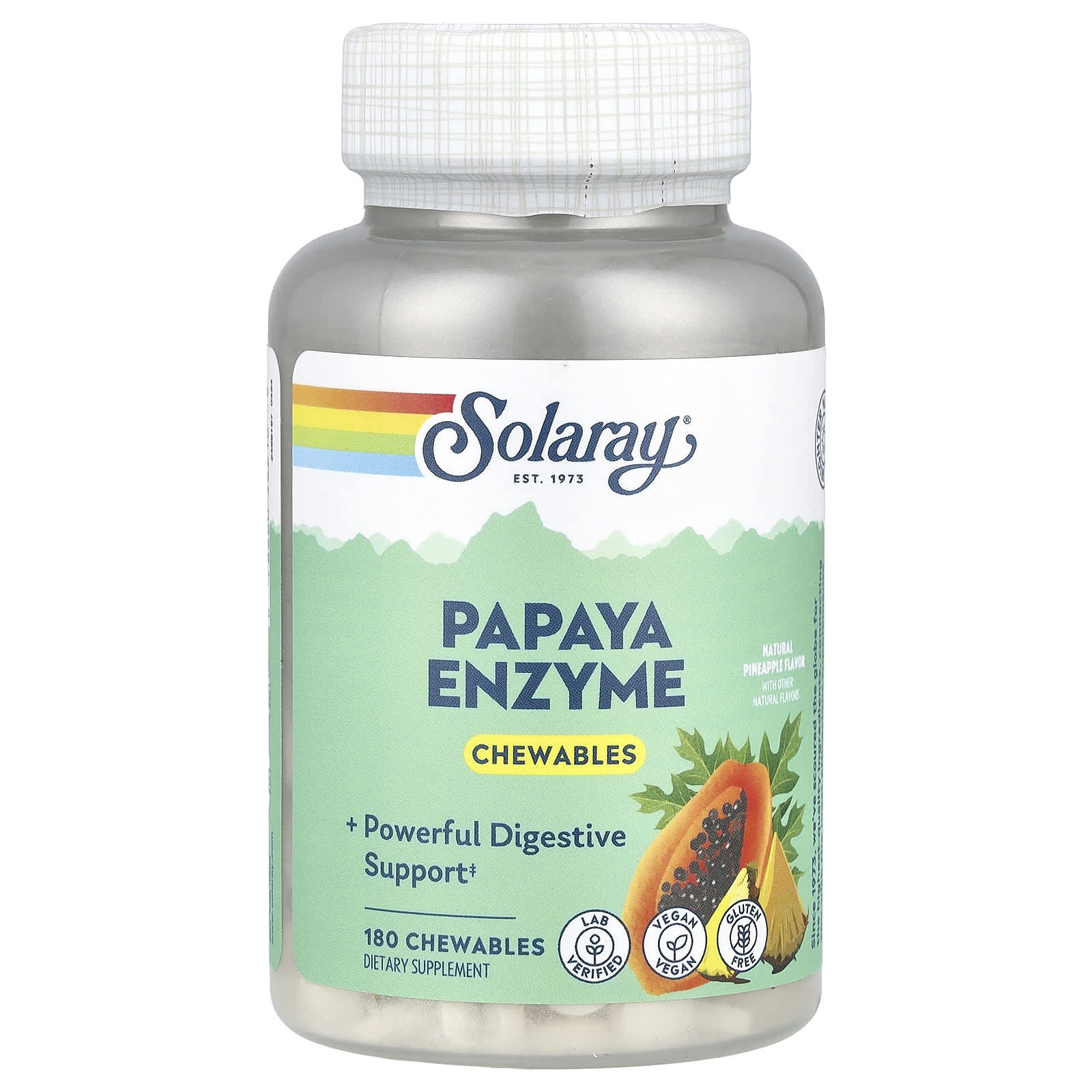 Solaray, Papaya Enzyme, Natural Pineapple, 180 Chewables - Image 1