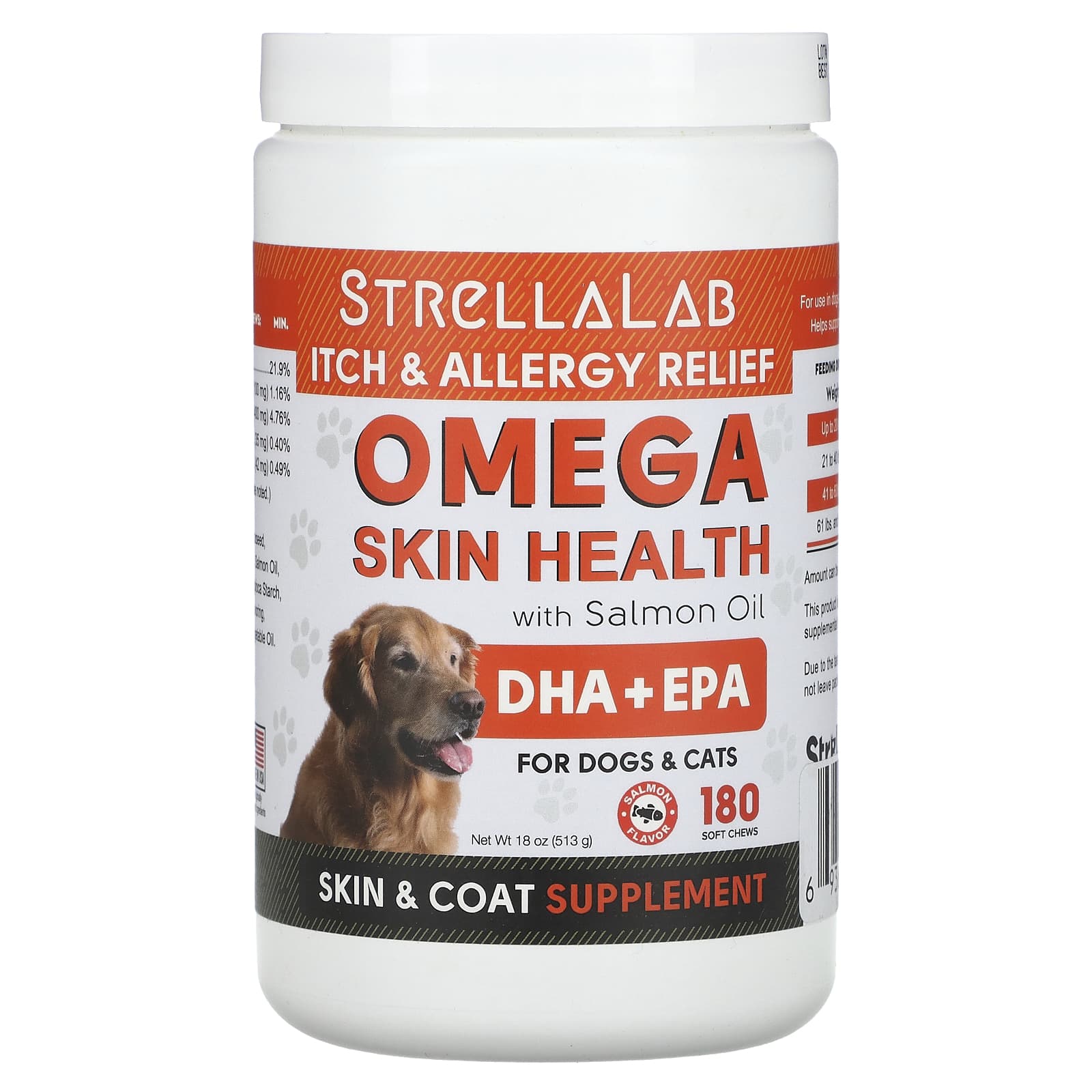 StrellaLab, Omega Skin Health With Salmon Oil, For Dogs & Cats, Salmon, 180 Soft Chews, 18 oz (513 g) - Image 1
