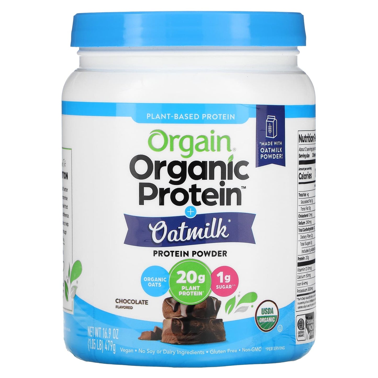 Orgain, Organic Protein Powder + Oatmilk, Plant Based, Chocolate, 1.05 lb (479 g) - Image 1