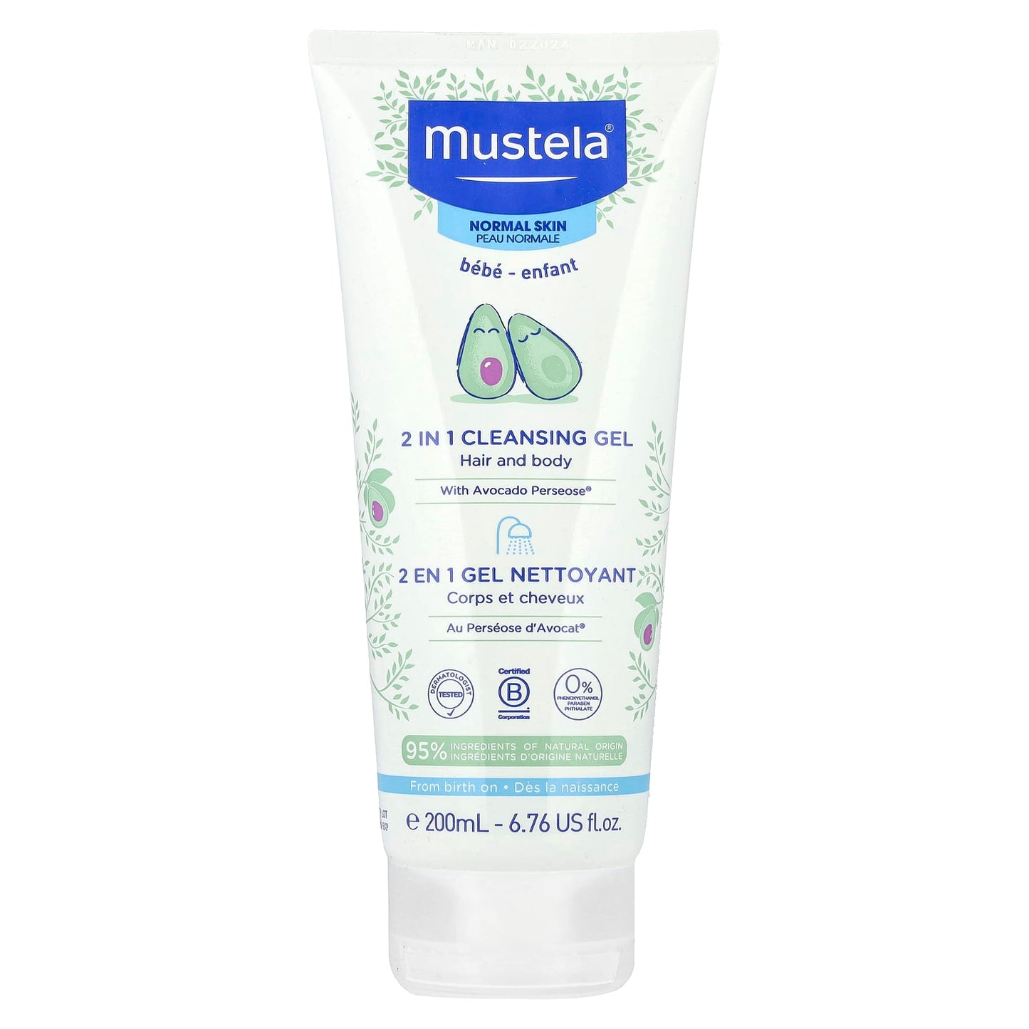 Mustela, Baby, 2 in 1 Cleansing Gel, Hair and Body, Normal Skin, 6.76 fl oz (200 ml) - Image 1