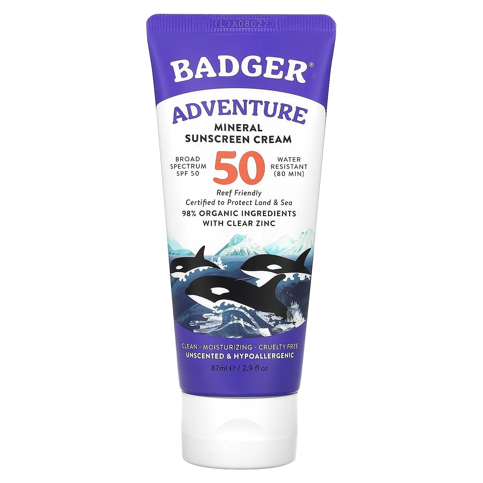 Badger Mineral Sunscreen Cream, SPF 50, Unscented, 2.9 fl oz (87 ml) - Image 1
