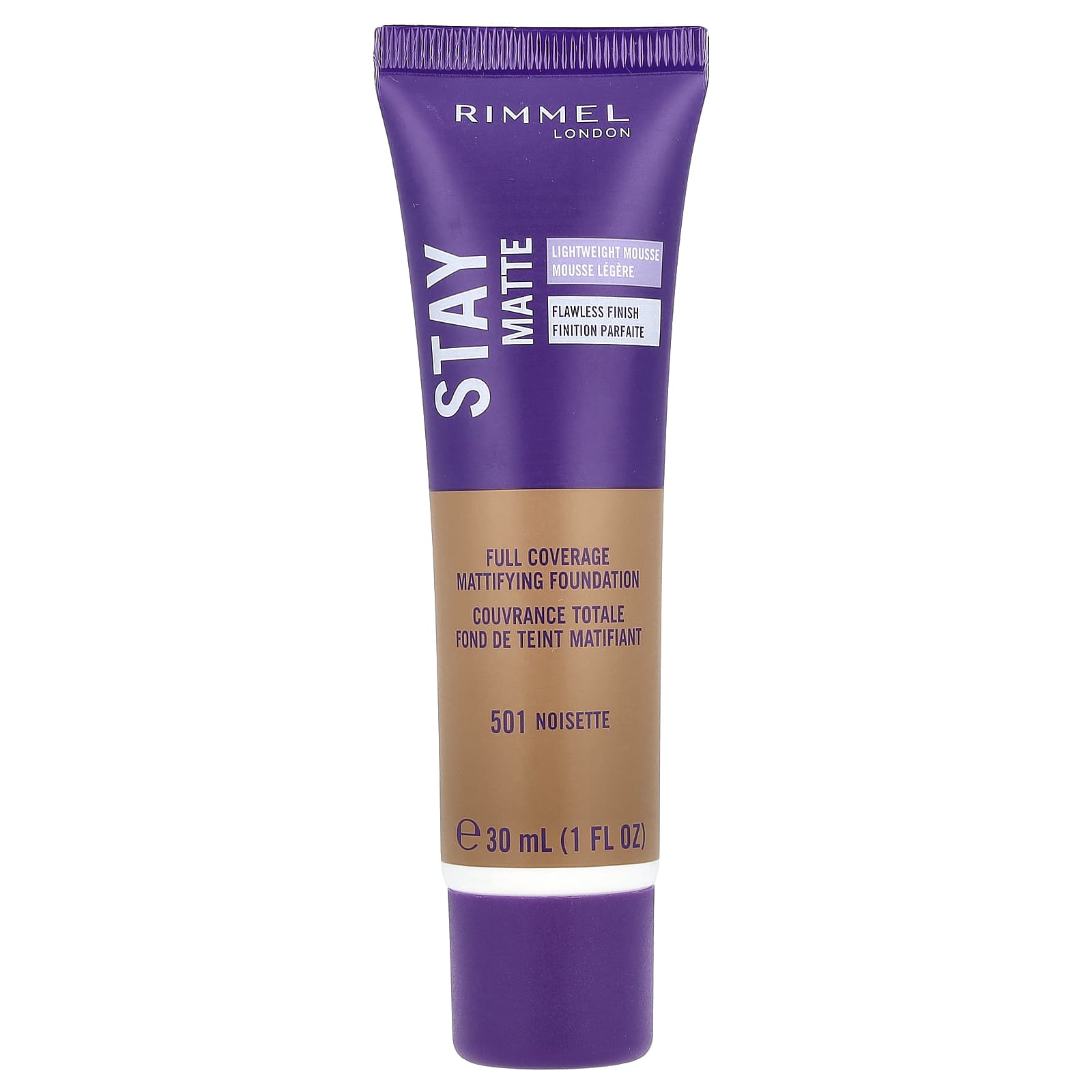 Rimmel London, Stay Matte, Full Coverage Mattifying Foundation, 501 Noisette, 1 fl oz (30 ml) - Image 1