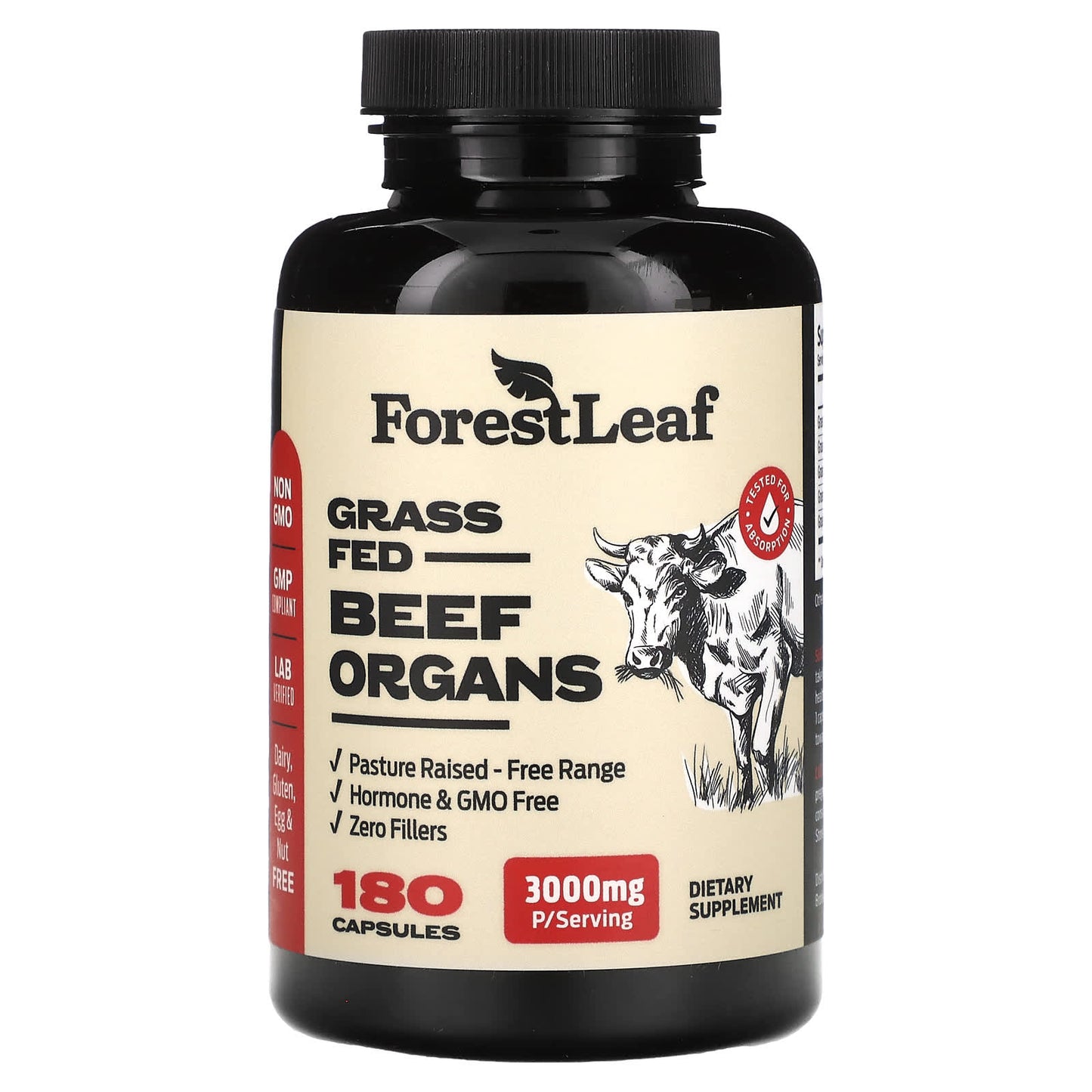 Grass Fed Beef Organs, 3000mg, 180 Capsules - Forest Leaf - Image 1