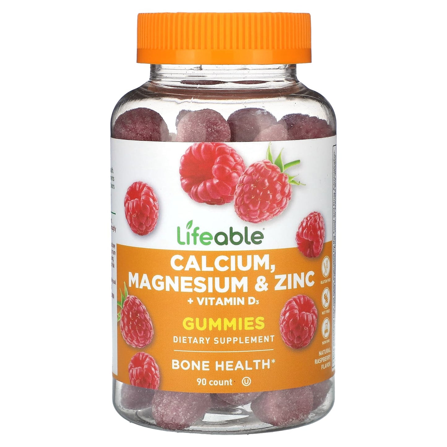 Lifeable, Calcium, Magnesium & Zinc + Vitamin D3 Gummies, Natural Raspberry, 90 Gummies - Image 1