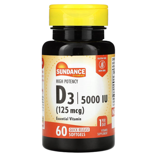 Sundance Vitamins, High Potency D3, 125 mcg (5,000 IU), 60 Quick Release Softgels - Image 1