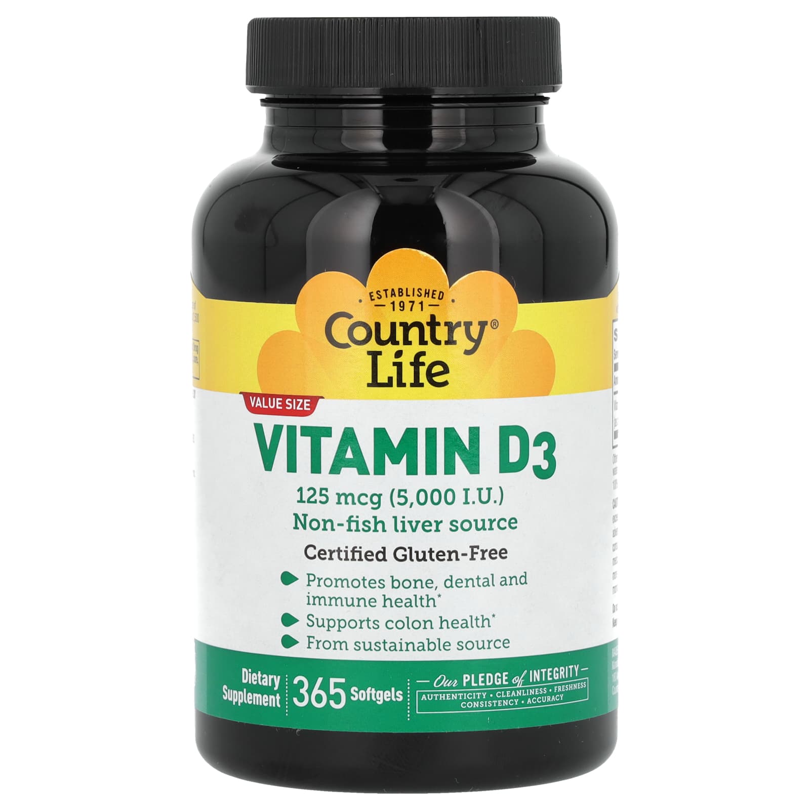 Country Life Vitamin D3 5000 IU, 125 mcg, 365 Softgels, Non-GMO & Gluten-Free - Image 1