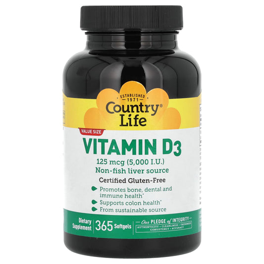 Country Life Vitamin D3 5000 IU, 125 mcg, 365 Softgels, Non-GMO & Gluten-Free - Image 1