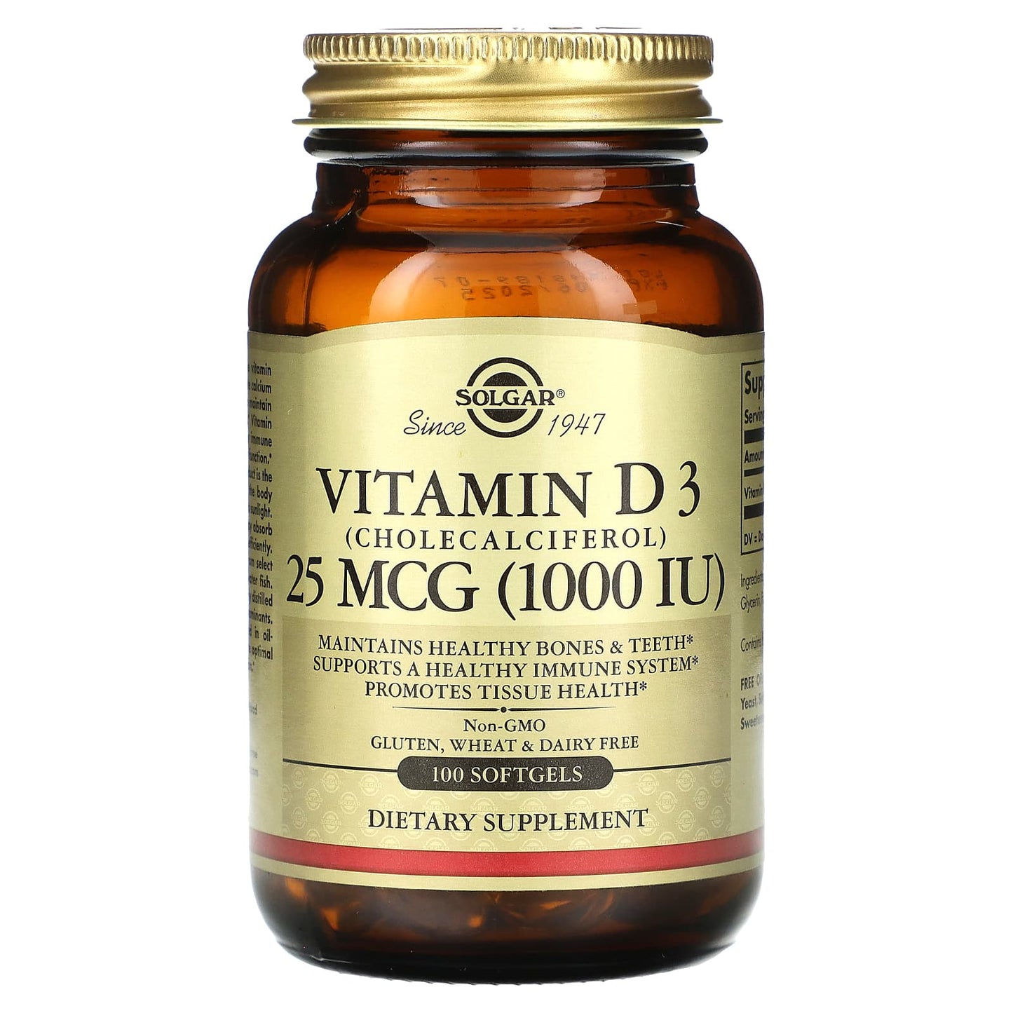 Solgar, Vitamin D 3 (Cholecalciferol), 25 mcg (1,000 IU), 100 Softgels - Image 1