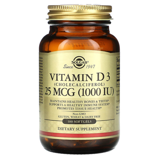 Solgar, Vitamin D 3 (Cholecalciferol), 25 mcg (1,000 IU), 100 Softgels - Image 1