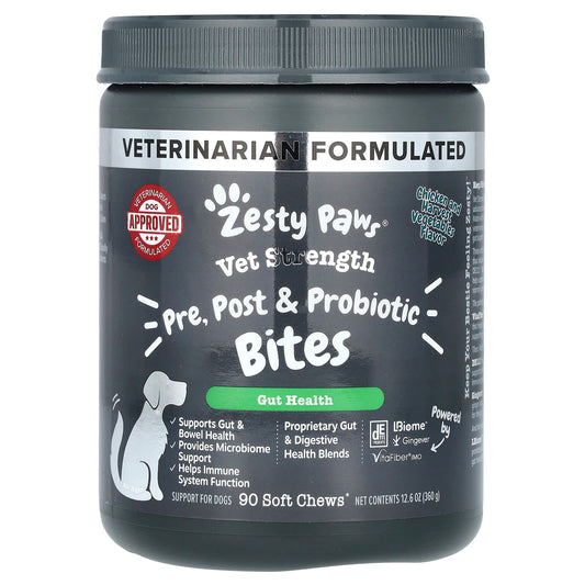 Zesty Paws, Vet Strength Pre, Post & Probiotic Bites, For Dogs, All Ages, Chicken and Harvest Vegetable, 90 Soft Chews, 12.6 oz (360 g) - Image 1
