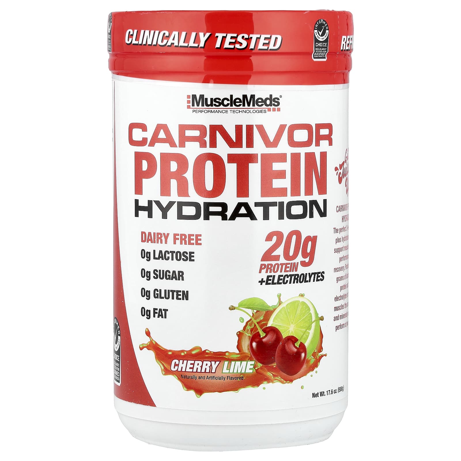 MuscleMeds, Carnivor Protein Hydration, Cherry Lime, 17.6 oz (500 g) - Image 1