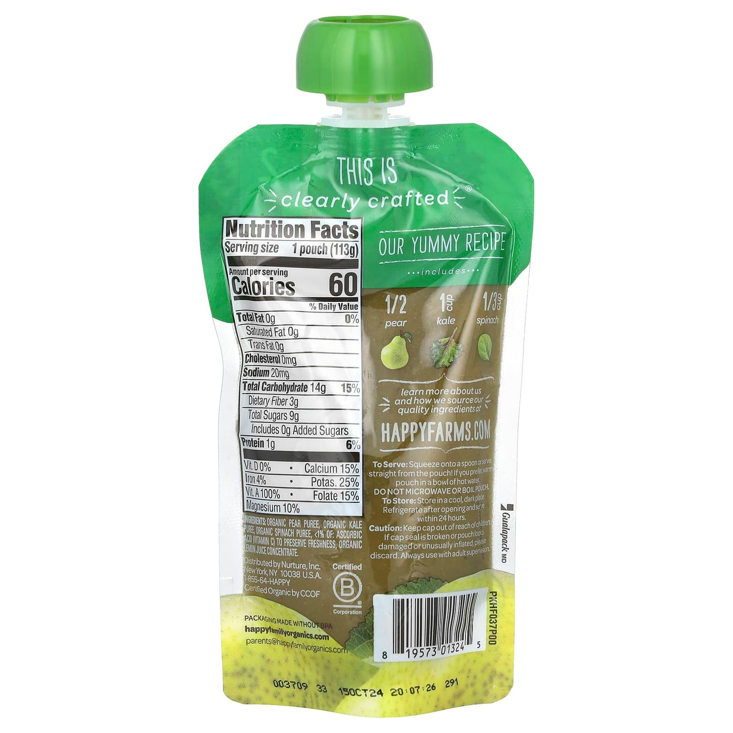 Nourish Your Baby with USDA Organic, Happy Family Pears, Kale & Spinach Baby Food - Image 2
