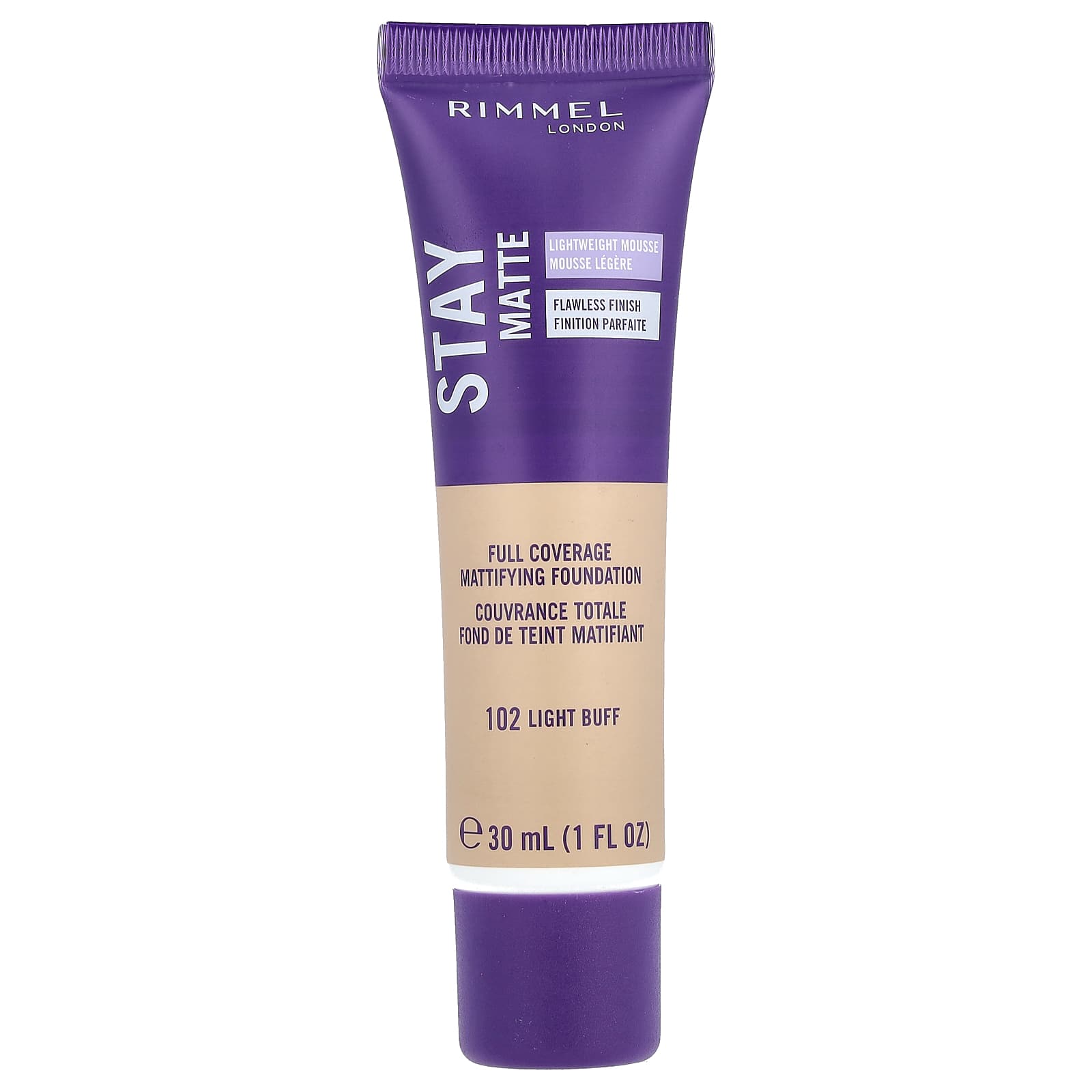 Rimmel London, Stay Matte, Full Coverage Mattifying Foundation, 102 Light Buff, 1 fl oz (30 ml) - Image 1