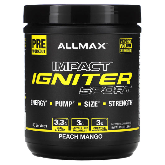 <strong>ALLMAX Igniter Sport Pre-Workout Powder</strong> - Peach Mango, 11.29 oz (320 g) - Image 1