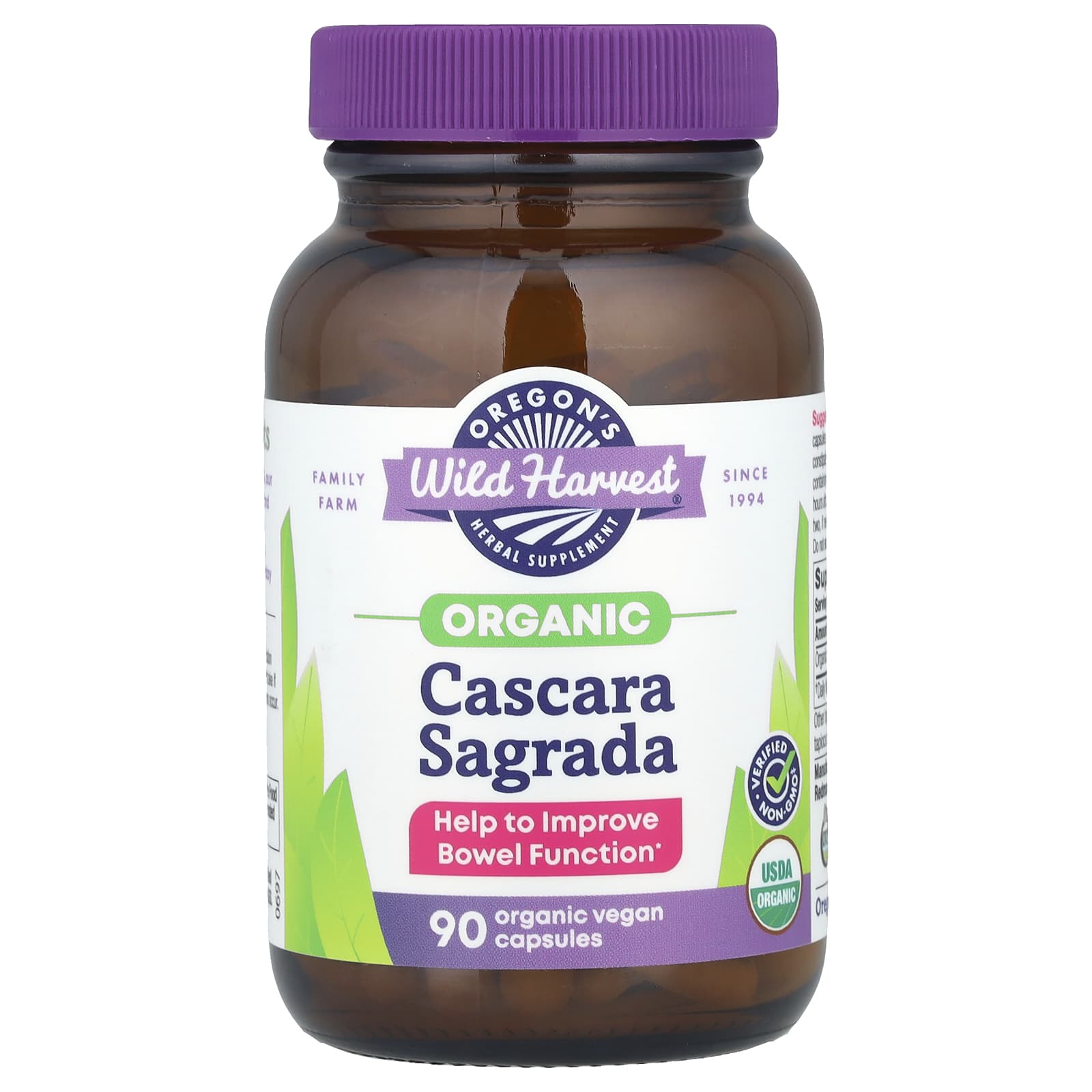 Oregon's Wild Harvest, Organic Cascara Sagrada , 90 Organic Vegan Capsules - Image 1