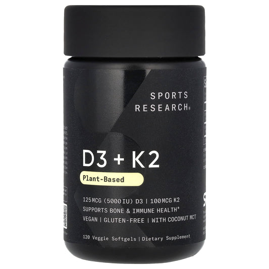 Sports Research, D3 + K2, Plant-Based, 120 Veggie Softgels - Image 1