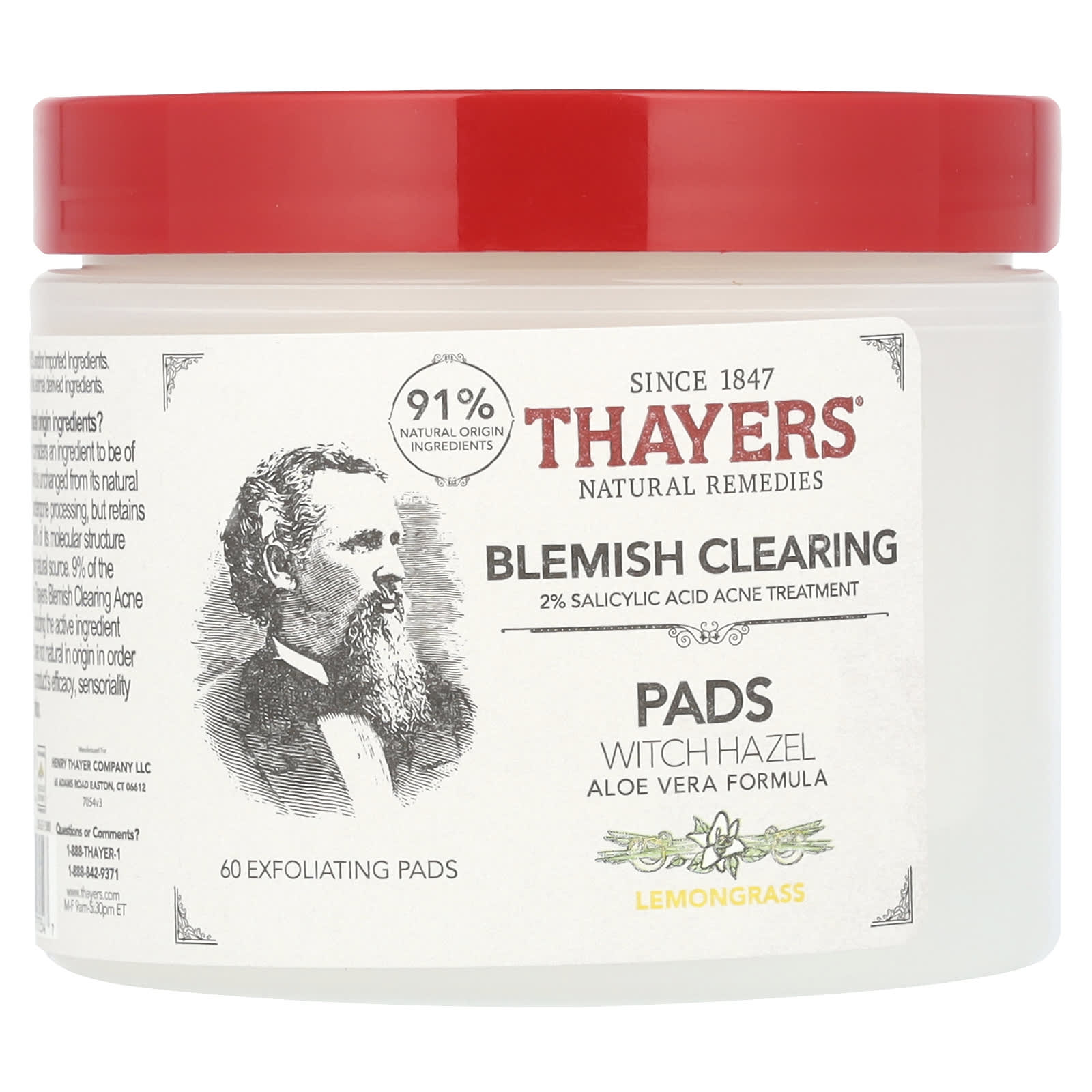 Thayers, Blemish Clearing Witch Hazel Pads, Lemongrass, 60 Exfoliating Pads - Image 1