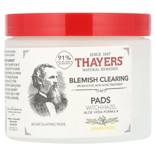 Thayers, Blemish Clearing Witch Hazel Pads, Lemongrass, 60 Exfoliating Pads - Image 1