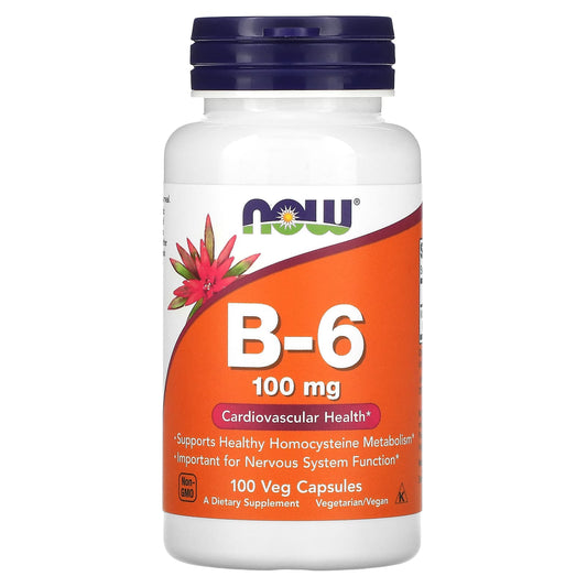 NOW Foods, B-6, 100 mg, 100 Veg Capsules - Image 1