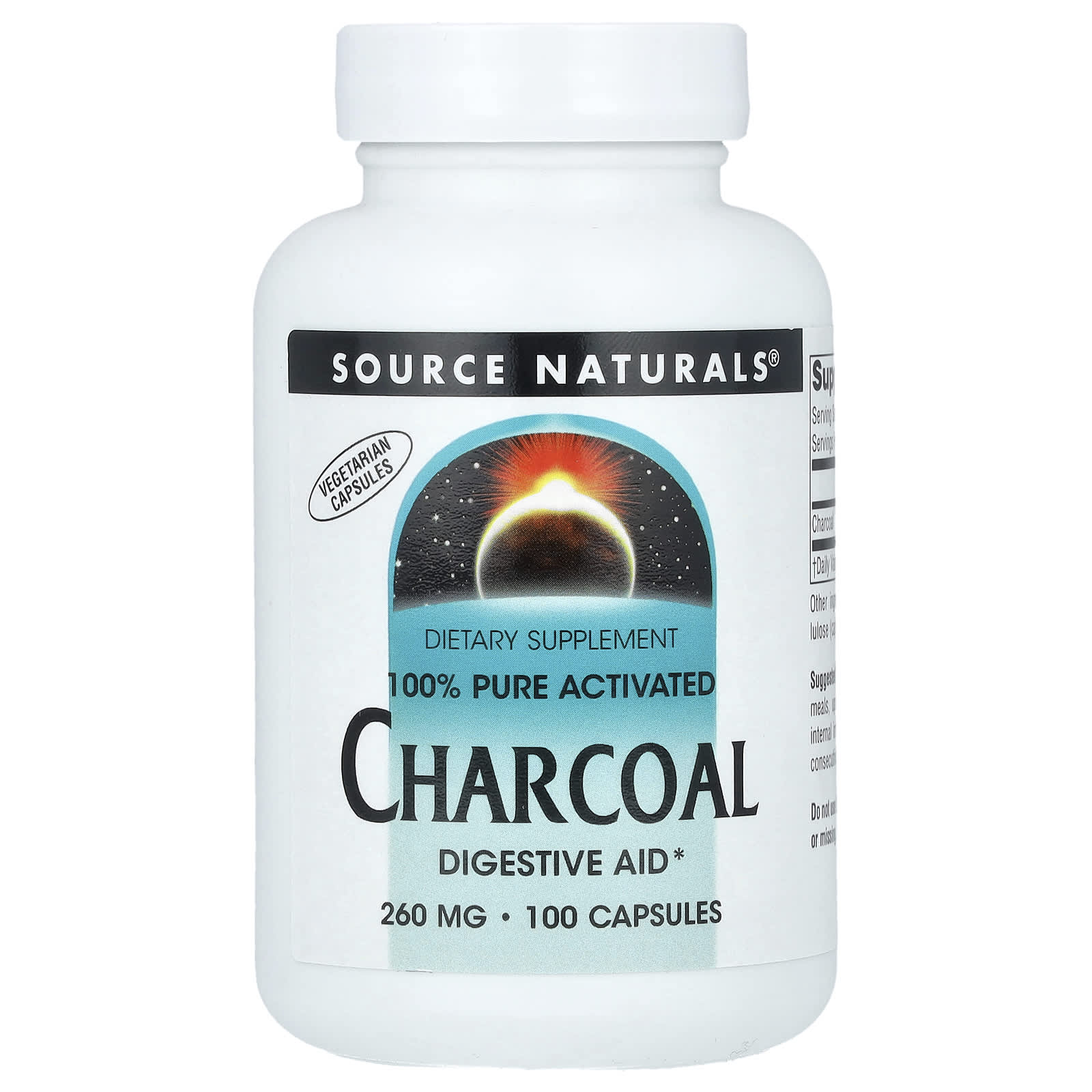 Source Naturals, 100% Pure Activated Charcoal, 260 mg , 100 Capsules - Image 1