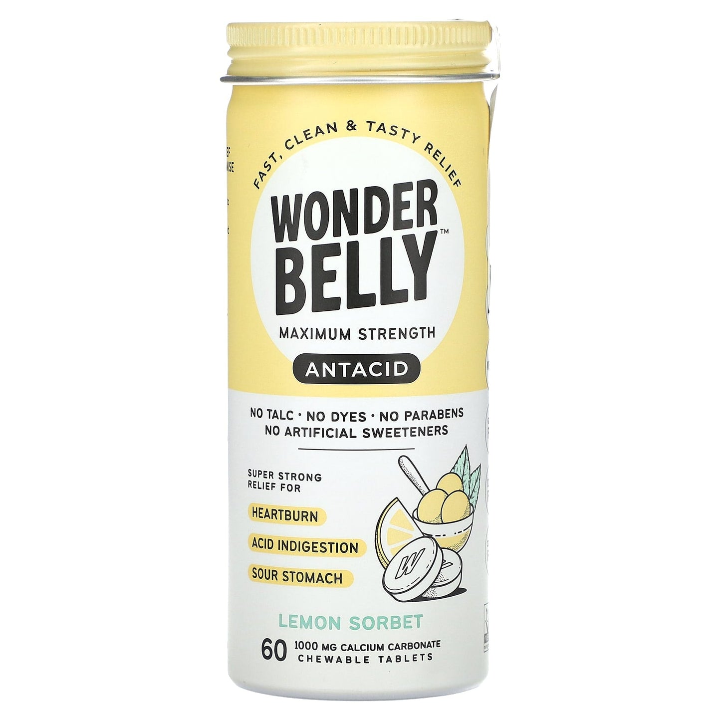 Wonderbelly, Antacid, Lemon Sorbet, 60 Chewable Tablets (1,000 mg per Tablet) - Image 1