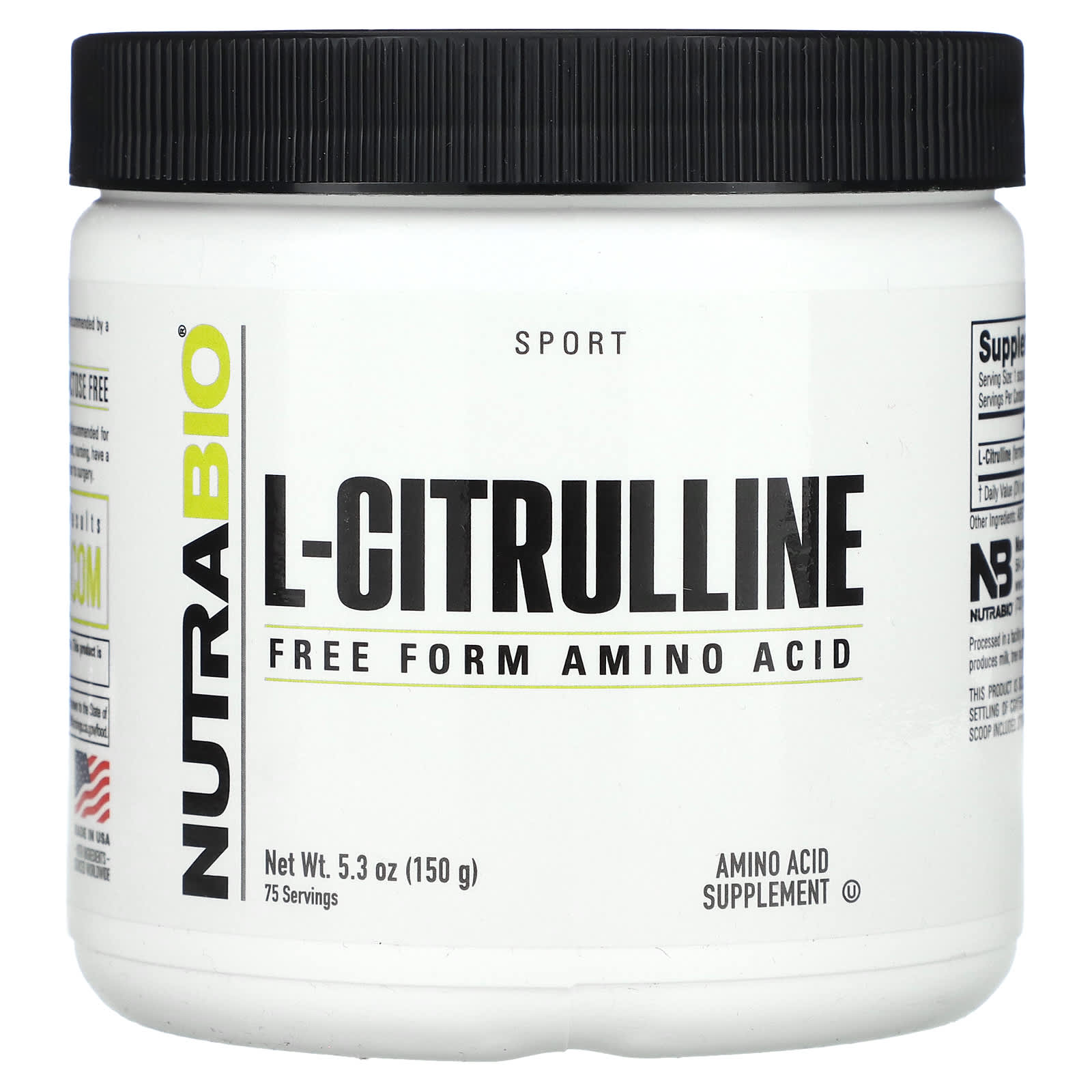 NutraBio, L-Citrulline, Free Form Amino Acid, 5.3 oz (150 g) - Image 1
