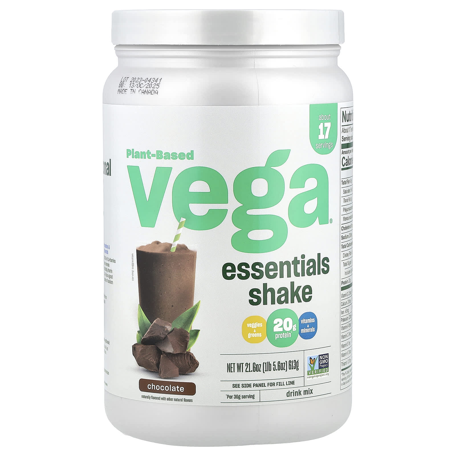 Vega, Plant-Based Essentials Shake, Chocolate, 1 lb 5.6 oz (613 g) - Image 1