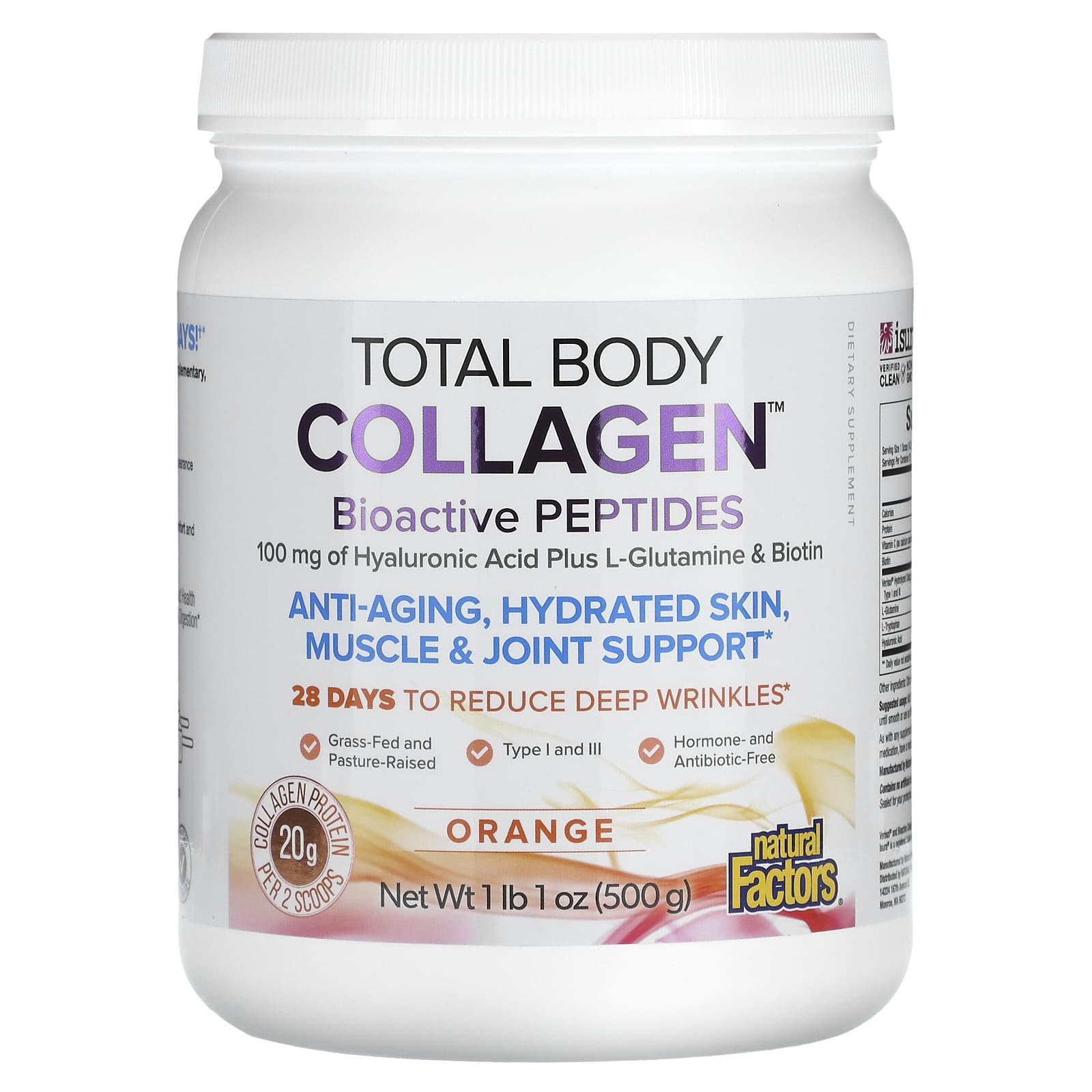 Natural Factors, Total Body Collagen, Bioactive Peptides, Orange, 1 lb 1 oz (500 g) - Image 1