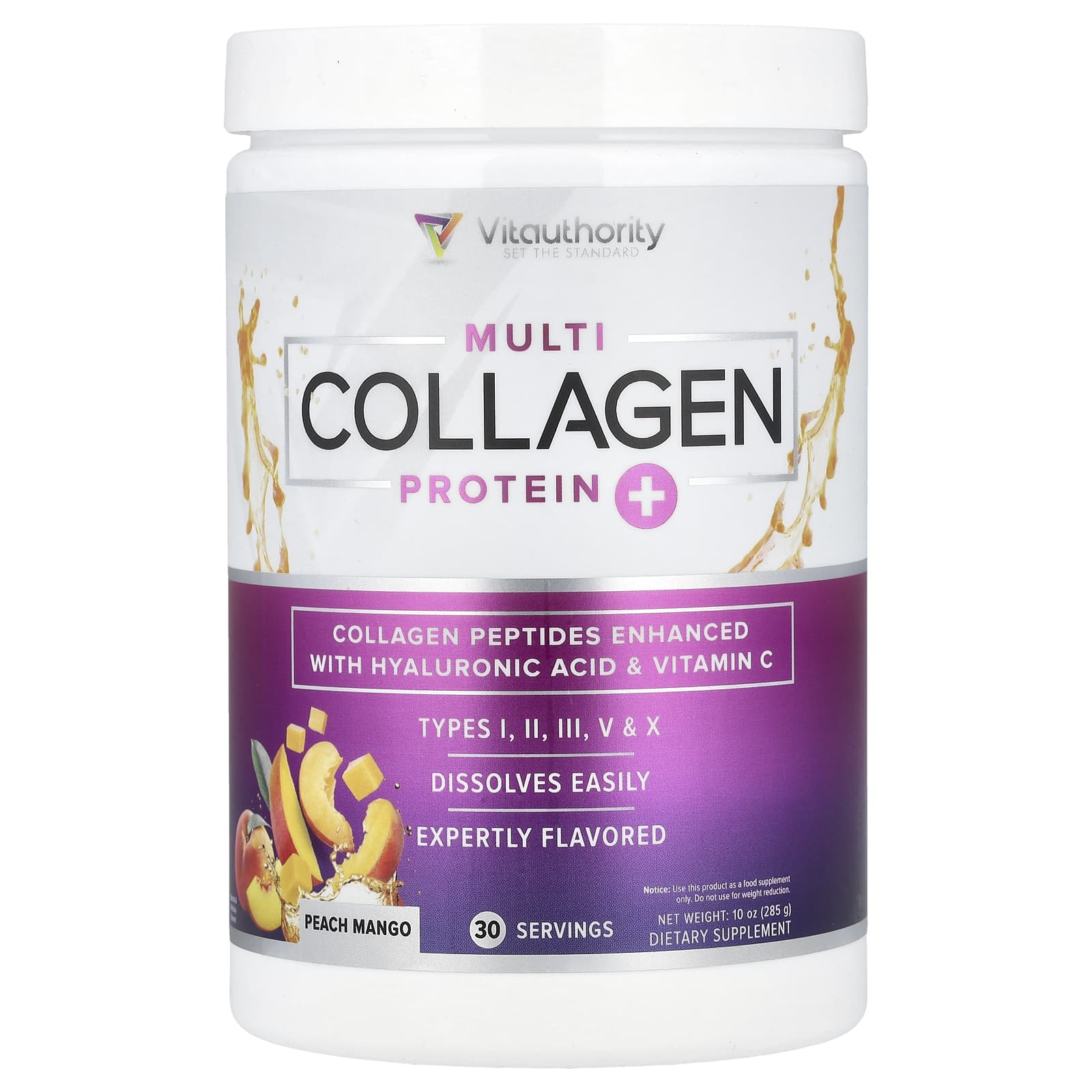 Vitauthority, Multi Collagen Protein+, Peach Mango , 10 oz (285 g) - Image 1