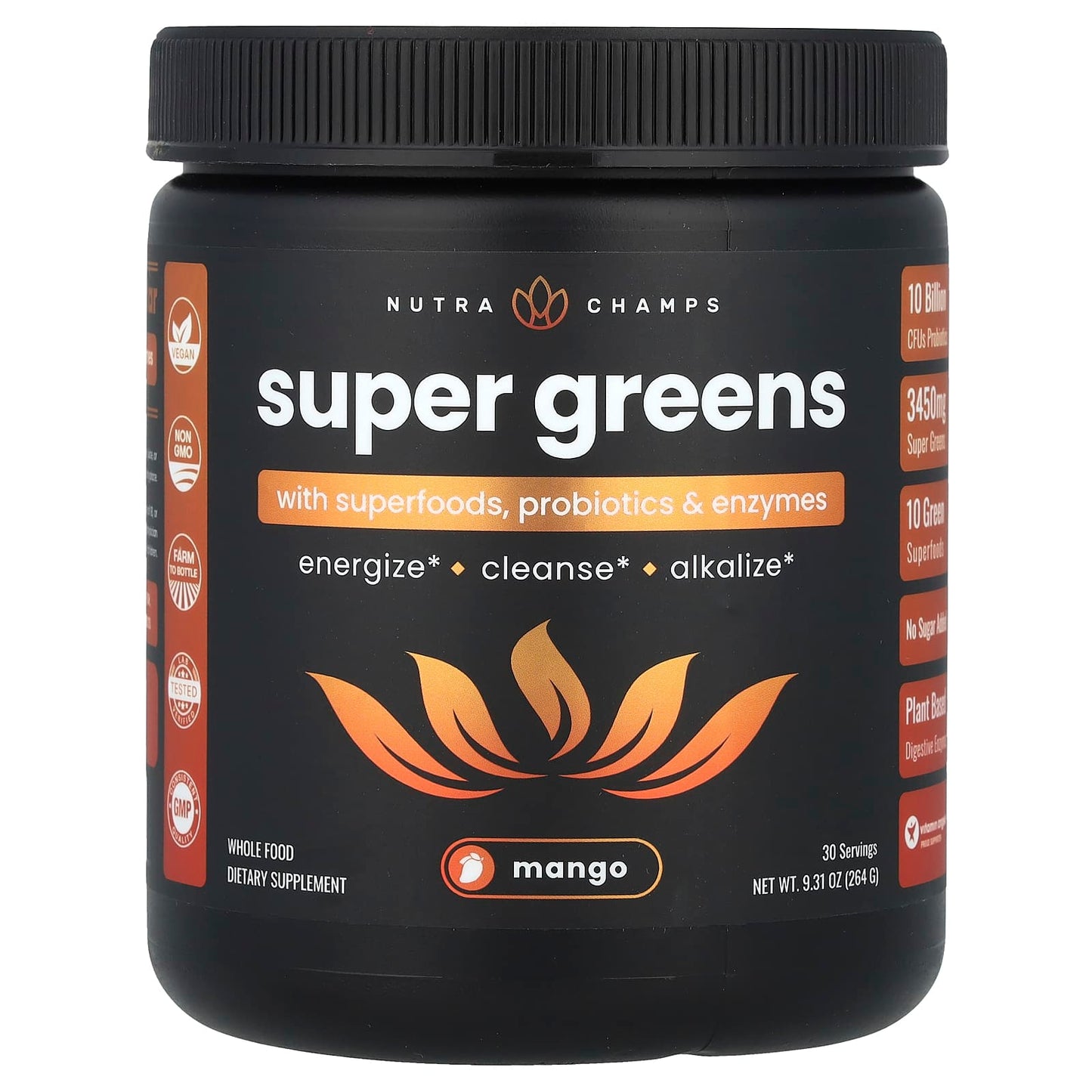 NutraChamps, Super Greens, With Superfoods, Probiotics & Enzymes, Mango, 9.31 oz (264 g) - Image 1