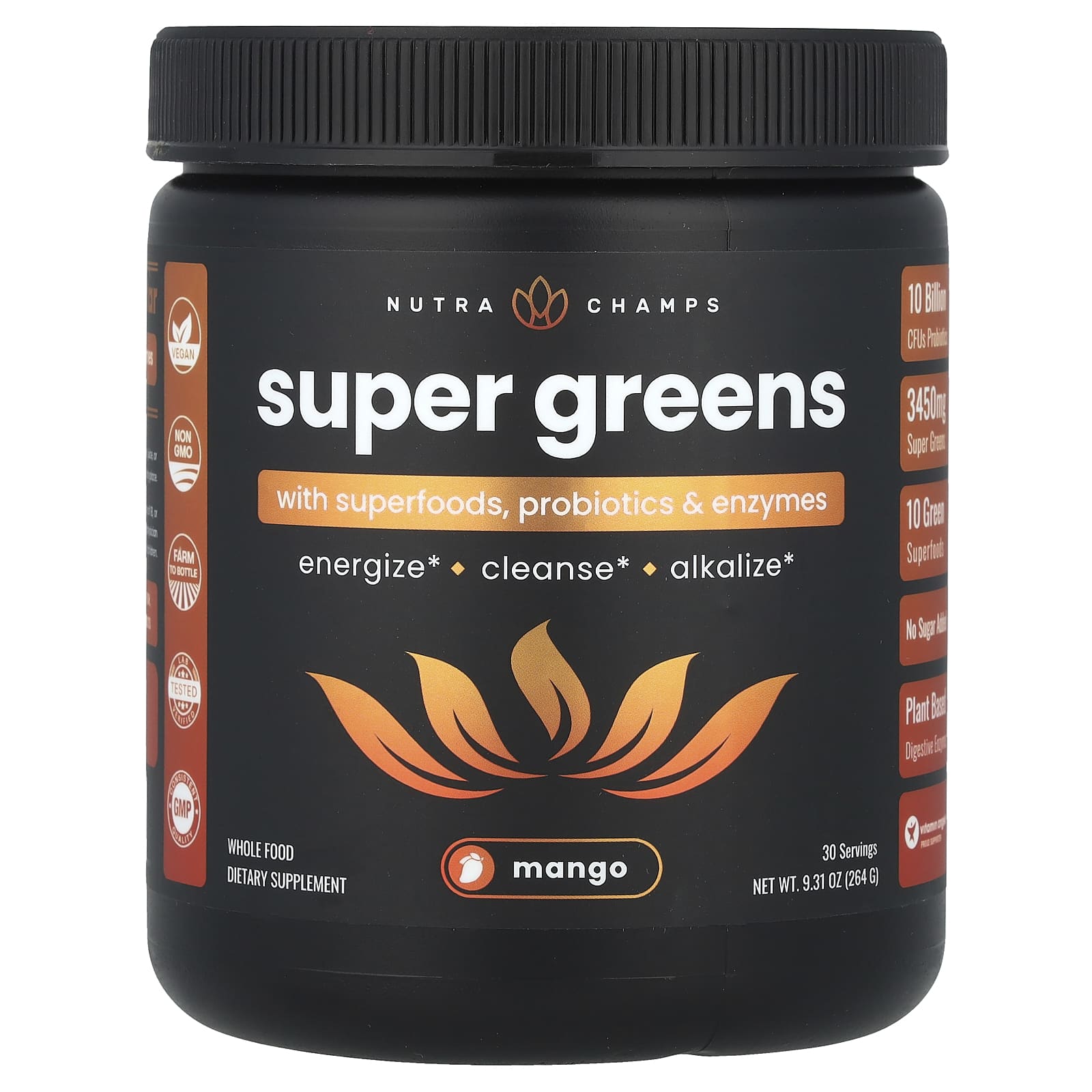 NutraChamps, Super Greens, With Superfoods, Probiotics & Enzymes, Mango, 9.31 oz (264 g) - Image 1