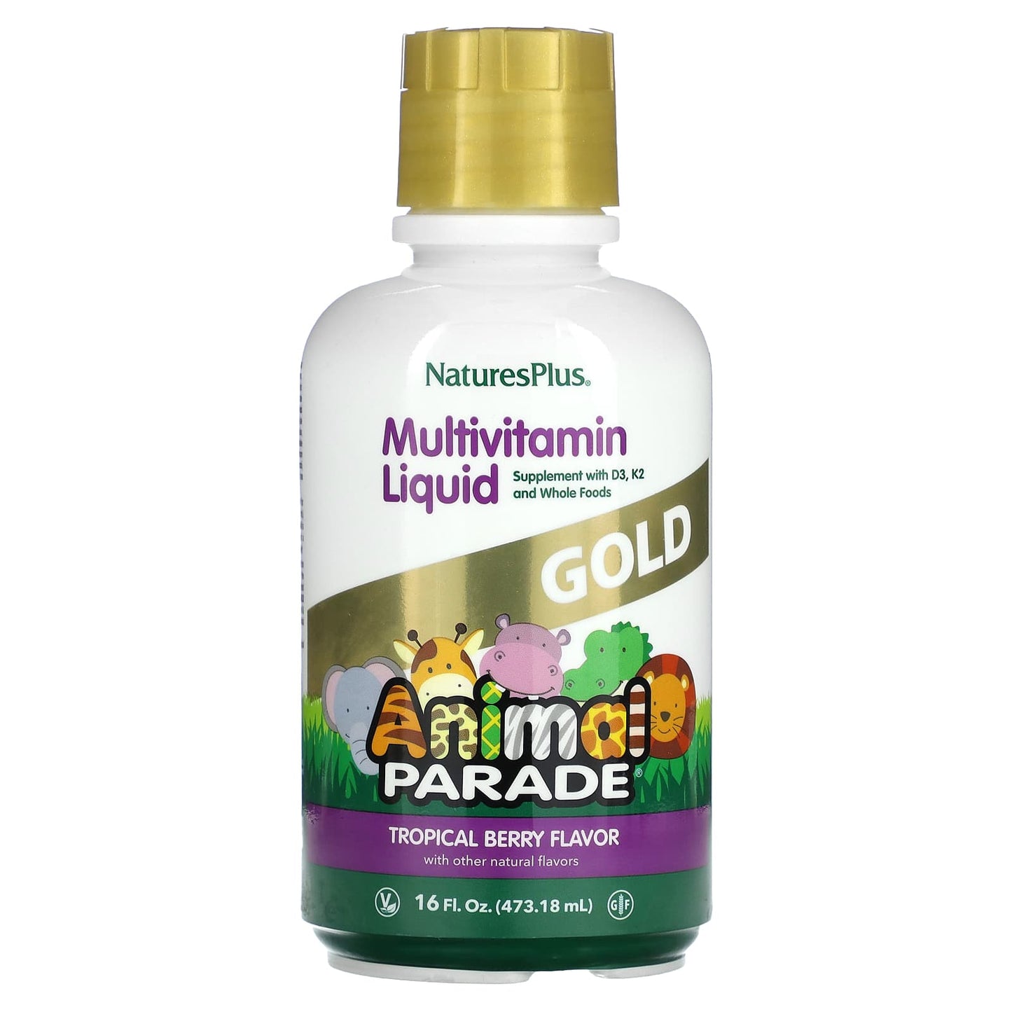 NaturesPlus, Children's Animal Parade Gold Multivitamin Liquid, Tropical Berry, 16 fl oz (473.18 ml) - Image 1