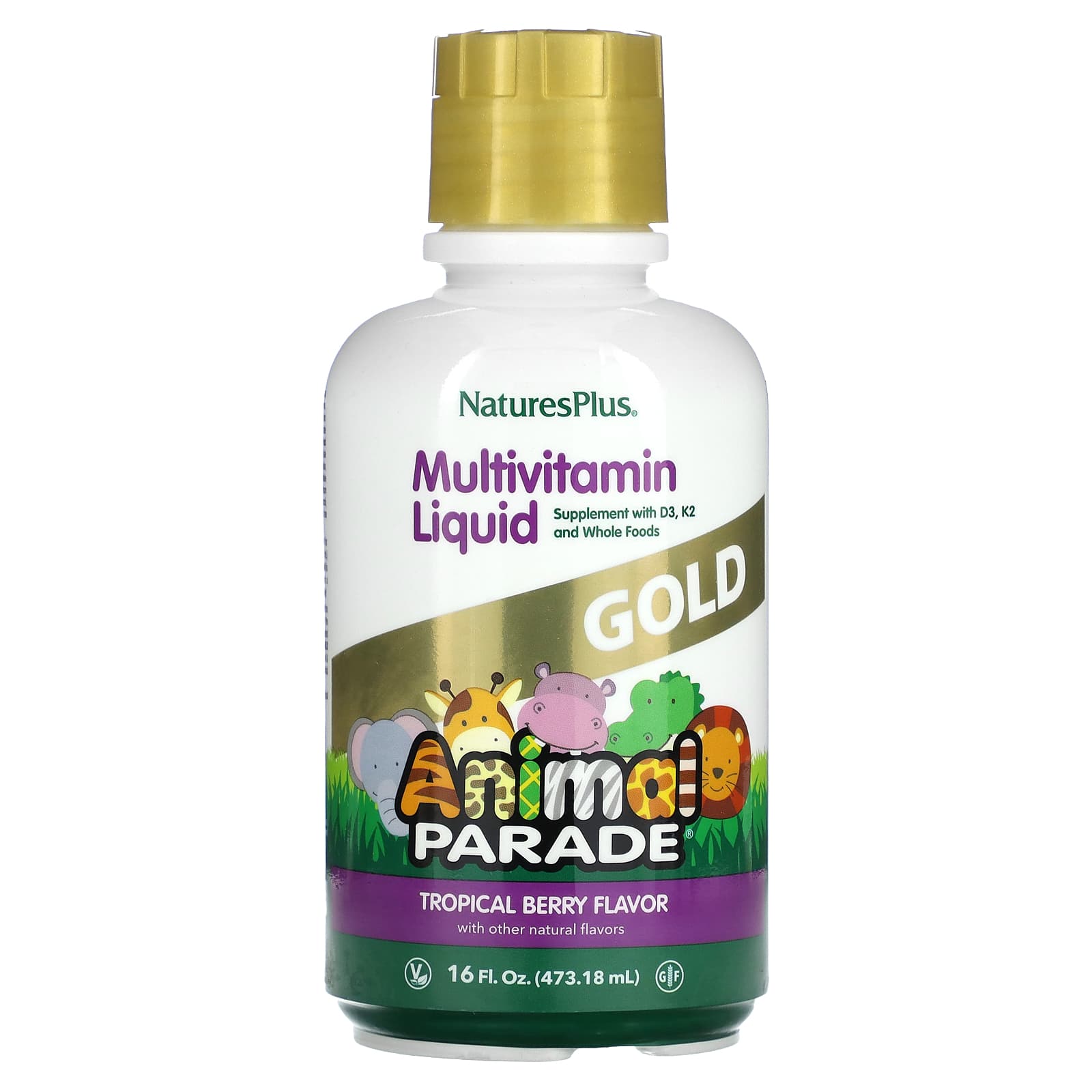 NaturesPlus, Children's Animal Parade Gold Multivitamin Liquid, Tropical Berry, 16 fl oz (473.18 ml) - Image 1