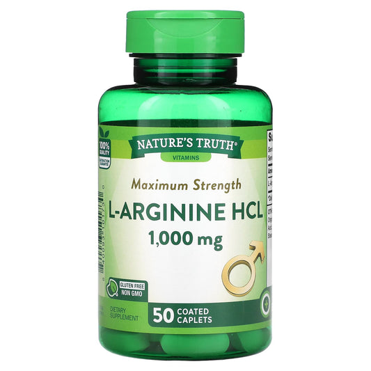 Nature's Truth, Vitamins, Maximum Strength L-Arginine HCL, 1,000 mg, 50 Coated Caplets - Image 1