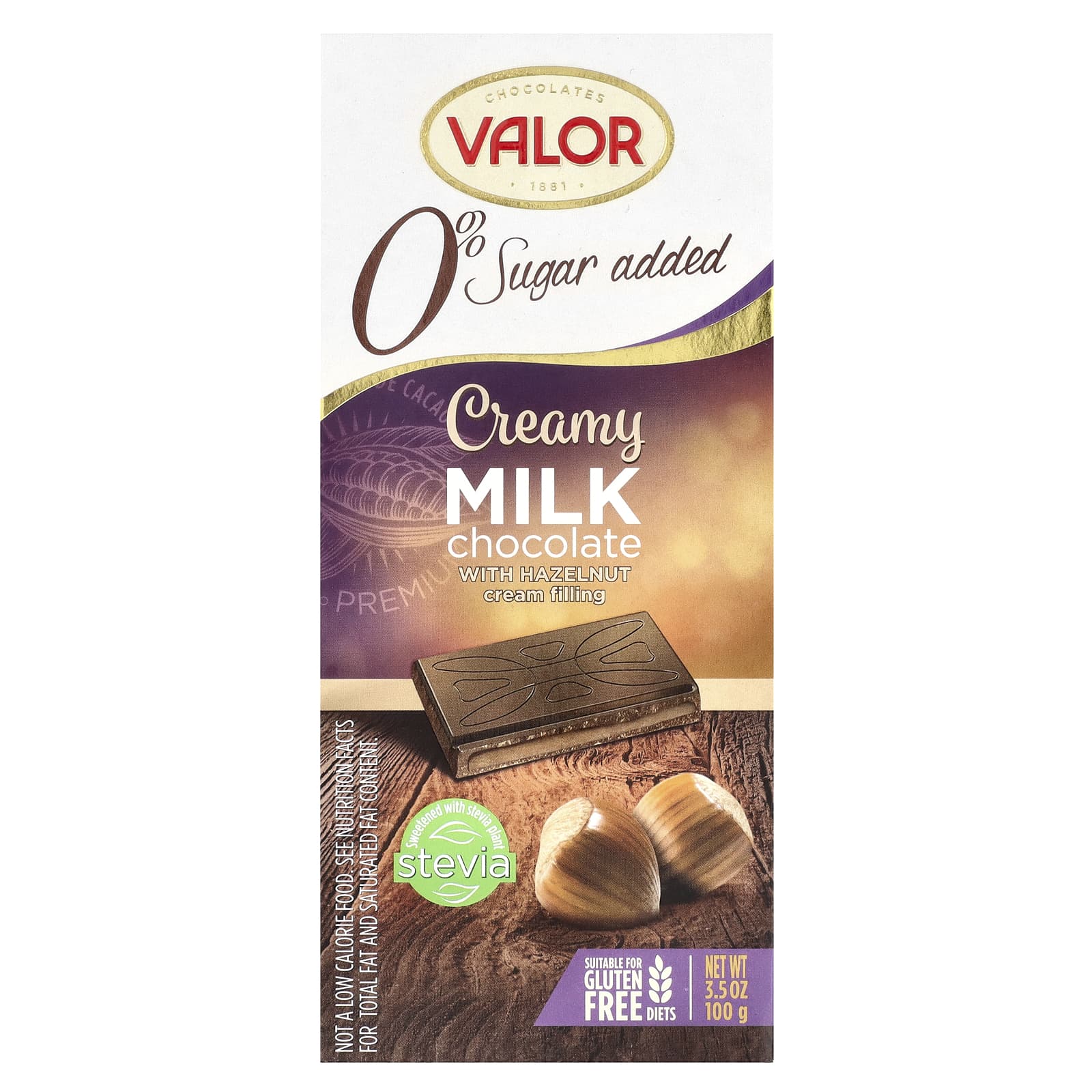 Valor, 0% Sugar Added, Creamy Milk Chocolate with Hazelnut Cream Filling, 3.5 oz (100 g) - Image 1