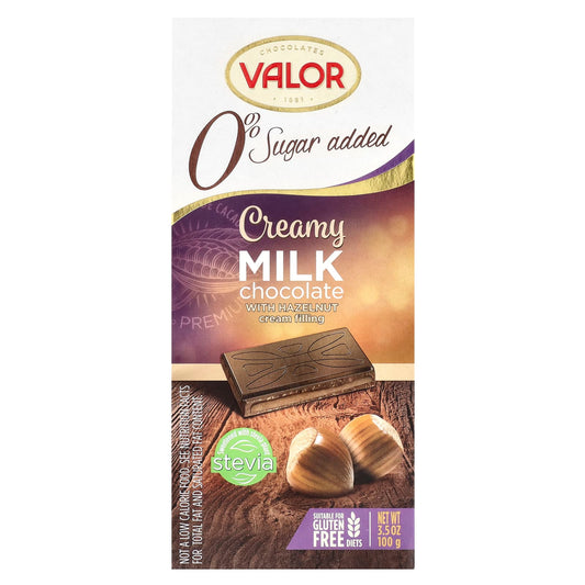 Valor, 0% Sugar Added, Creamy Milk Chocolate with Hazelnut Cream Filling, 3.5 oz (100 g) - Image 1
